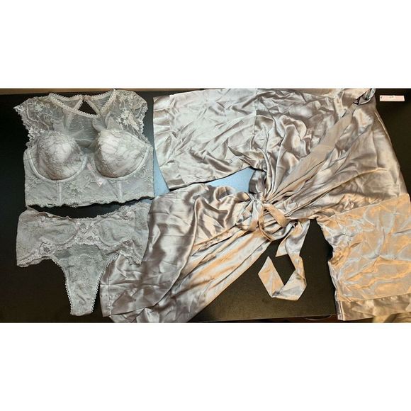 Victoria's Secret high-neck 34D BRA SET+thong+ROBE kimono taupe green gray lace